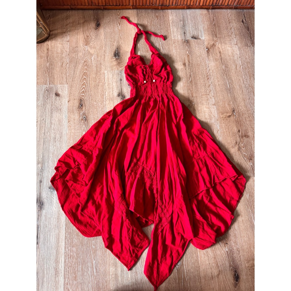 Boho Red Gauze Handkerchief Hem Halter Dress Smocked Waist size 
S Made in Peru